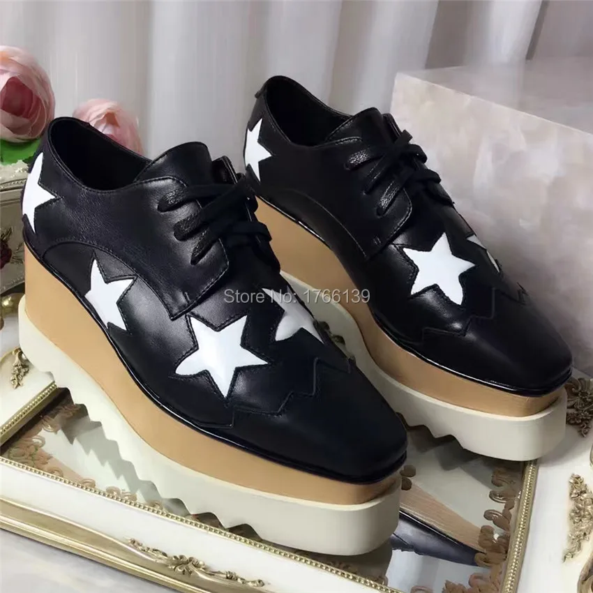 

Brand Women Thick Heel Platform Casual Shoes Lace Up Square Toe Wedges Stars Espadrilles Outdoor Wedge Shoes Woman Creepers