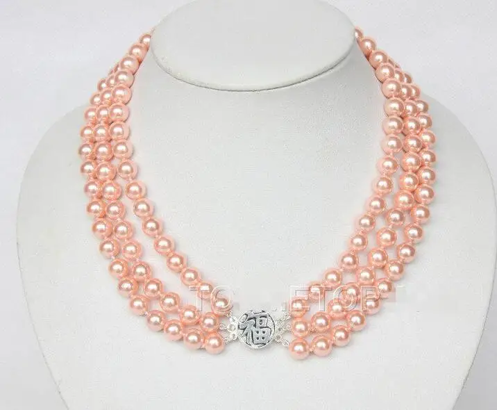 

Free shipping hot sale Women Bridal Wedding Jewelry >>Amazing! 3rows round 8mm pink sea shell pearls necklace 925ss E2271