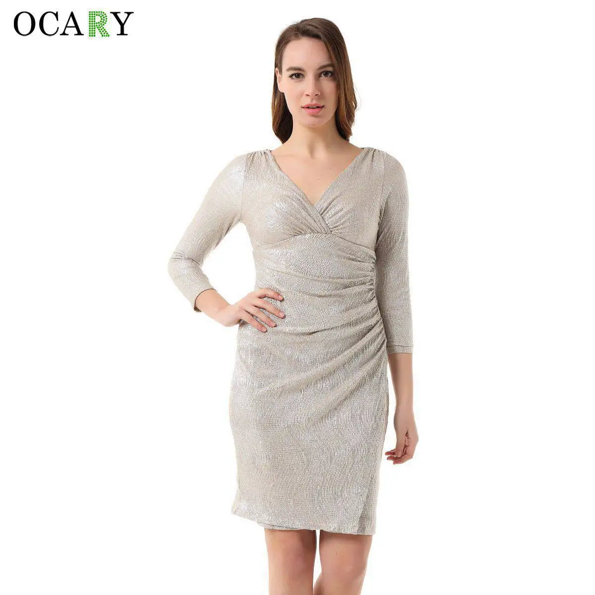 OCARY Brand Quality Bodycon Sexy Club Dress Silver Deep V neck Party
