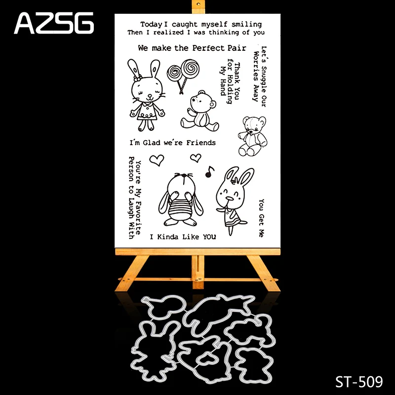 

AZSG Lovely Teddy bear and Rabbit style Clear Stamps Cutting Dies Set for DIY Scrapbooking/photo Album Decorative Craft Chapte