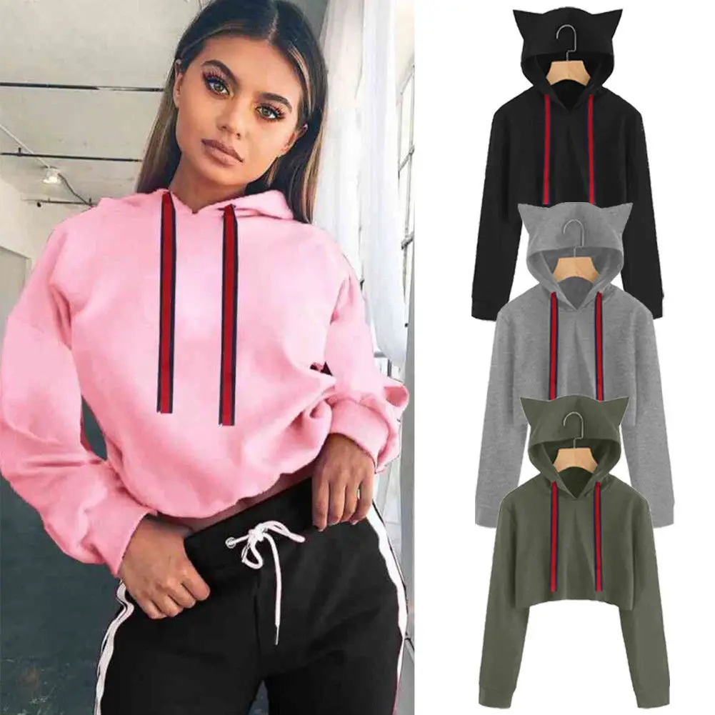 

New Women Warm Long Sleeve Cute Crop Top Pullover Cate Ear Hooded Sweatshirt Crop Top Hoodie Sweatshirts