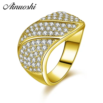 

AINUOSHI Luxury 14K Micro Pave Setting Cluster Ring 14K Solid Yellow Gold Wide Half Eternitry Band Wedding Engagement Jewelry