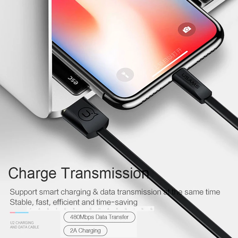 USB кабель для iphone 5 6 X Кабель USAMS Micro usb type c для синхронизации данных плоский кабель для быстрой зарядки мобильных телефонов кабель type-c usbc