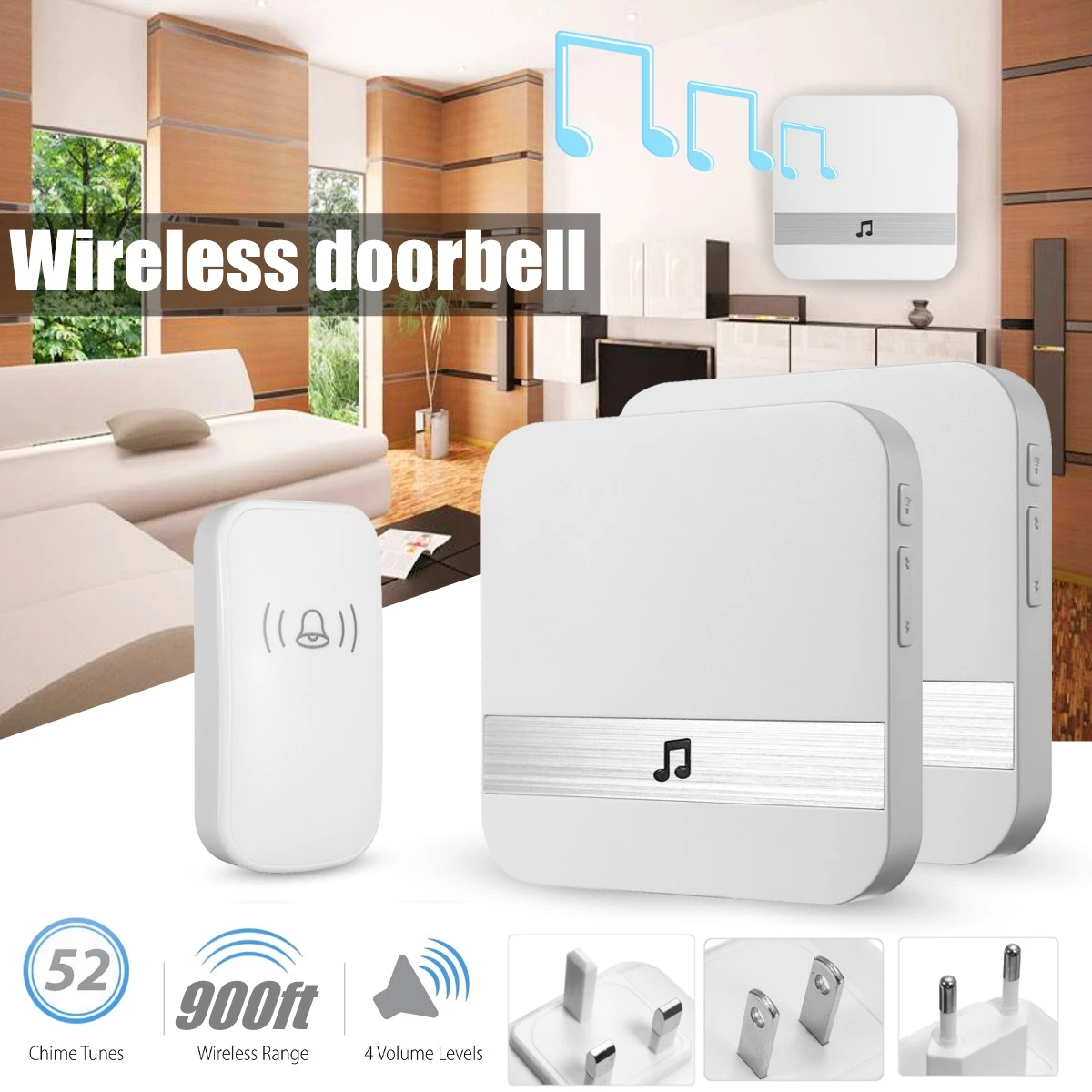 

Home House 4 Volume Wireless Doorbell Door Bell Kit Receiver Transmitter 52 Chimes Alarm Function 2 Receivers 1 Button