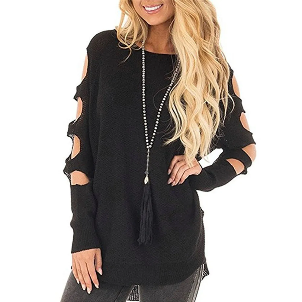 

2019 Autumn Winter Sweaters Women's Knitted Round Neck Long Sleeve Hollow Loose Sweater Pullover Jumper
