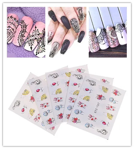 5 Sheets Nail Art Sticker Set Black Lace Glitter Flower Water Decal Slider Wraps Decor Flower Manicure New Design