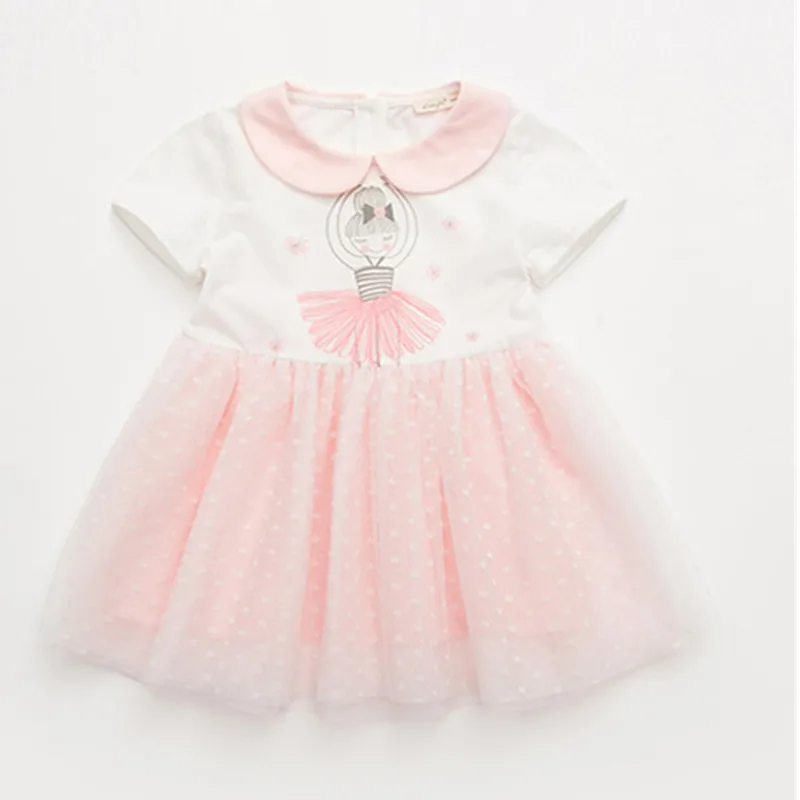 

2019 Spring Summer New Girls Short-Sleeved Puff Mesh Dress Cartoon Print Lapel Girls Princess Dress Elegant Dress For 2-7Y