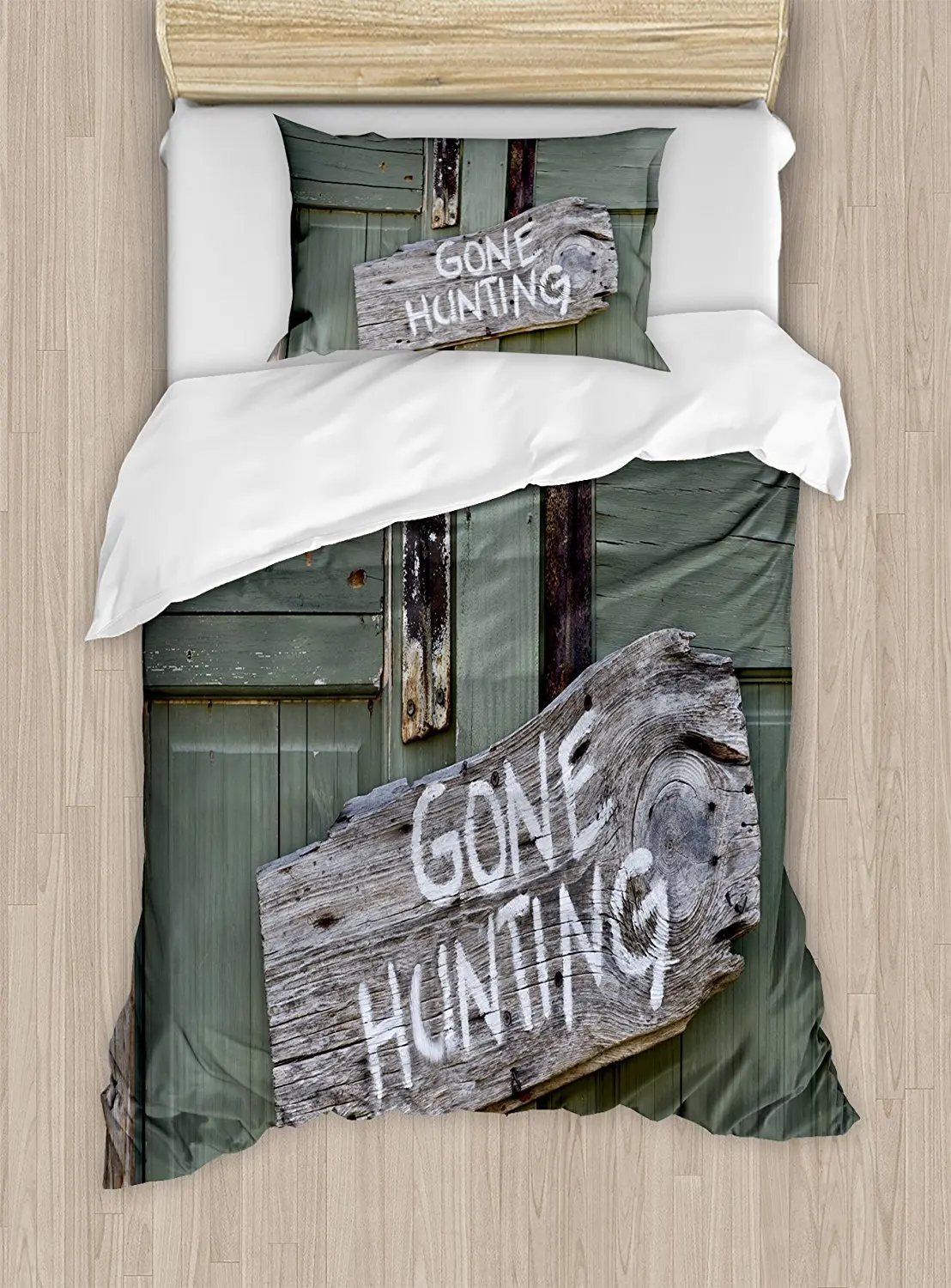 

Hunting Duvet Cover Set Gone Hunting Written on Wooden Board Old Worn Out Cottage Door Seasonal Hobby Fun Bedding Set Multicolor