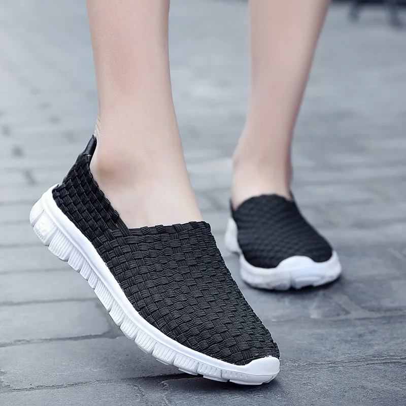 Big Size 35-44 Yards Woven Mesh Women Shoes Round Head Breathable Soft Flats Slip-On Footwear Lightweight Outdoor Casual Shoes (23)