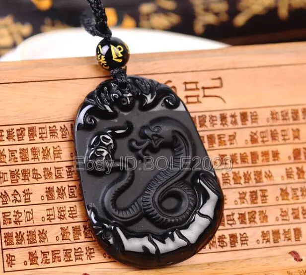 

free shipping Natural Black Obsidian Carved Chinese Zodiac Snake Lucky Pendant + Rope Necklace