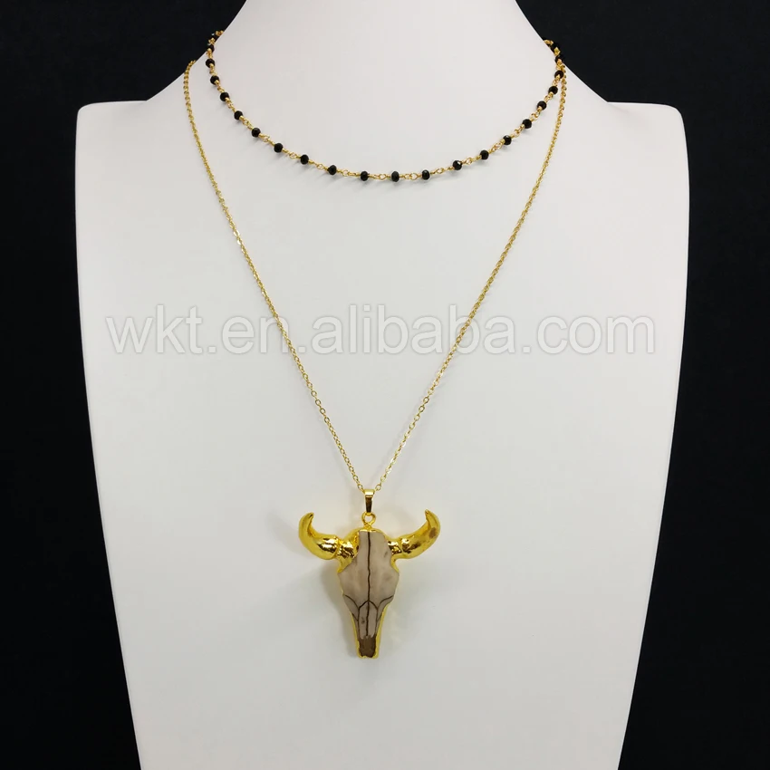 WT N689 Wholosale buffalo horn pendant necklace with rosary black chain in 16inch long