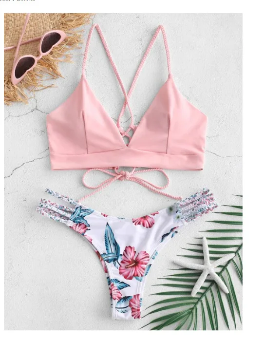 

Solid Color Bra With Print Panty Set Sexy Solid Lace Up Bra Set