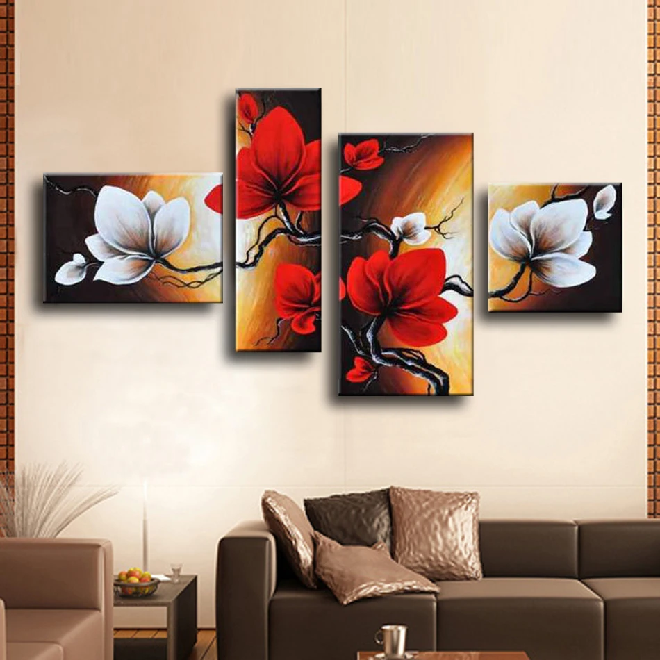 

Modern Abstract Flower Oil Painting Hand Painted Red White Wall Art Canvas 4 Panel Home Decoration Picture For Living Room Sale