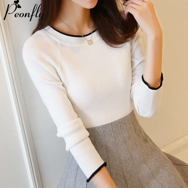 

PEONFLY Women Sweaters And Pullovers Autumn Winter Tops Women Long Sleeve Black Pink White Jumper Sweater Female Pull Femme