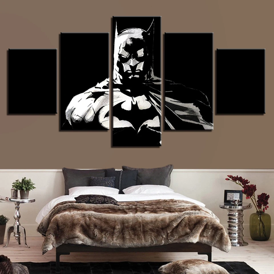 HD картины, модерн настенные постеры для оформления дома 5 Панель Бэтмена из комиксов, черно-белые Гостиная печатные картины рамки