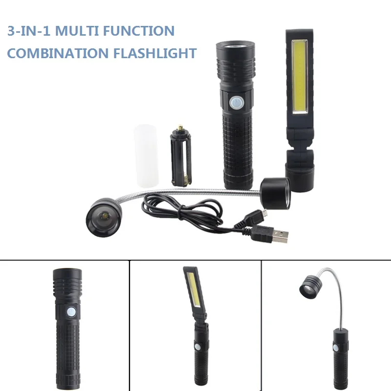 

3 in 1 T6 COB 3 mode Rechargeable Flashlight Torch lamp Car Repair LED Work Light