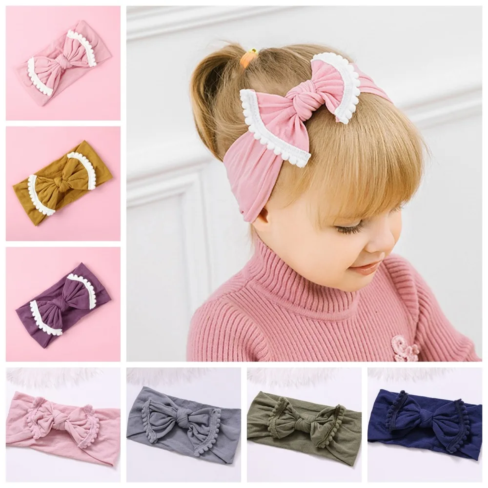 

Wide Nylon Bow Headband with Pompom Trim, Knot Bow Nylon Head wraps, One size fits most