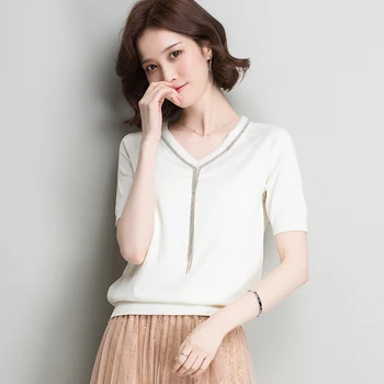 

Ice Short Sleeve T-shirt for Women in Summer 2020 Fashionable V-collar Leisure Thin Knitted Bottom Shirt and T-shirt Fashion
