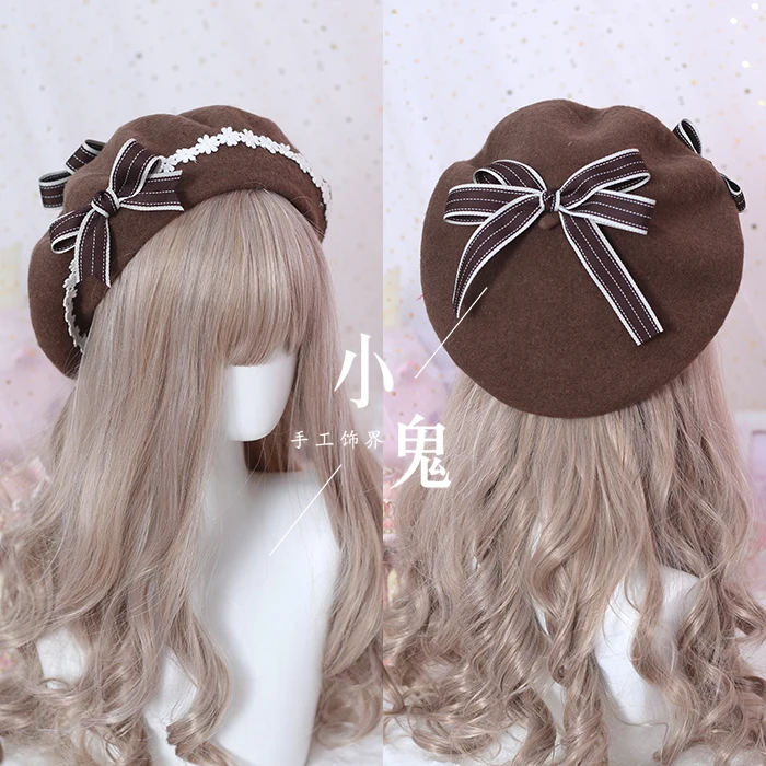 Японский берет в стиле Лолиты для девочек; Милая шерстяная женская шапка с бантом ручной работы; сезон осень-зима - Цвет: Brown