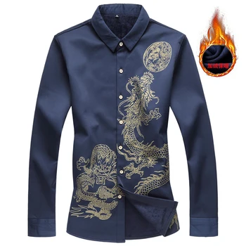 

Autumn and winter men's plus velvet thick long-sleeved Chinese style totem printing plus fat large size shirt/high quality warm