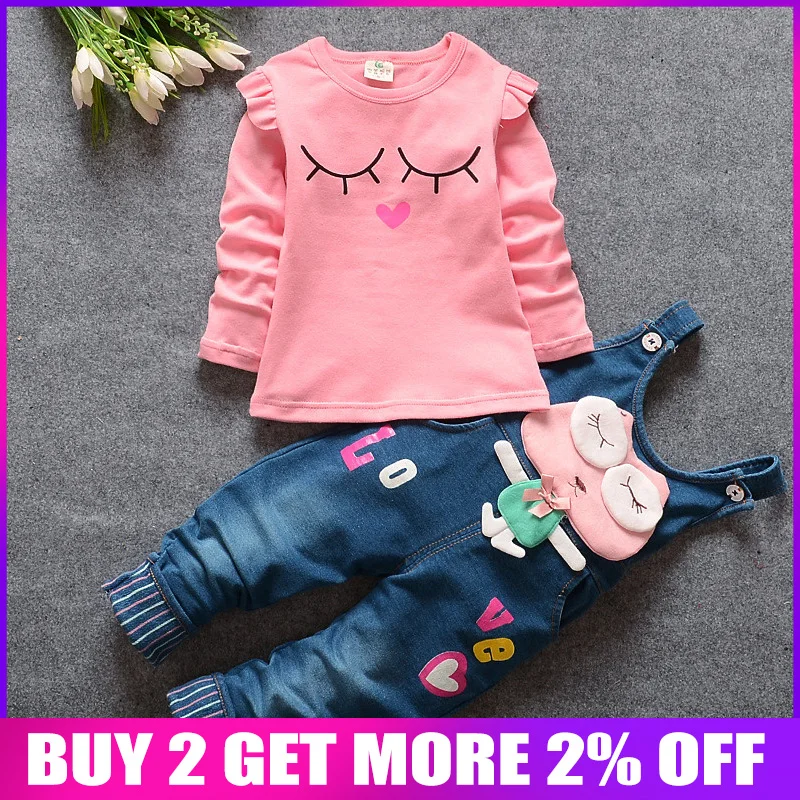 BibiCola baby girls spring autumn clothing sets toddler fashion t-shirt+denim overalls for girl newborn baby bib pant tracksuits