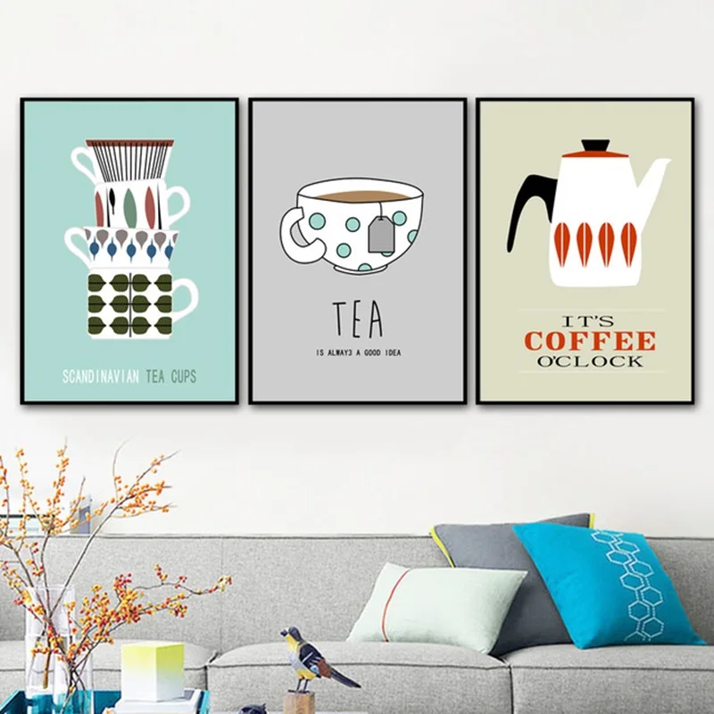 Coffee Tea Cups Cartoon Canvas Painting Modern Home Decoration Art Nordic Posters And Prints Modular Wall Pictures For Kitchen | Дом и сад