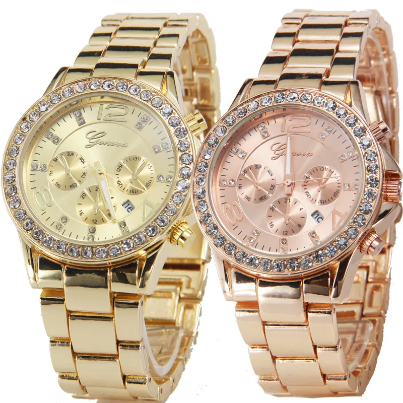 Silver Gold Rose Gold Luxury Geneva Date Quartz Wrist Watch Female