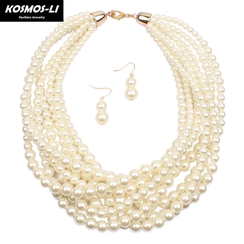 

KOSMOS-LI Multi Layer Pearl Strand Collar Necklace New Fashion Imitate Pearl Bead Gold Color Collier Women Party Jewelry 6590