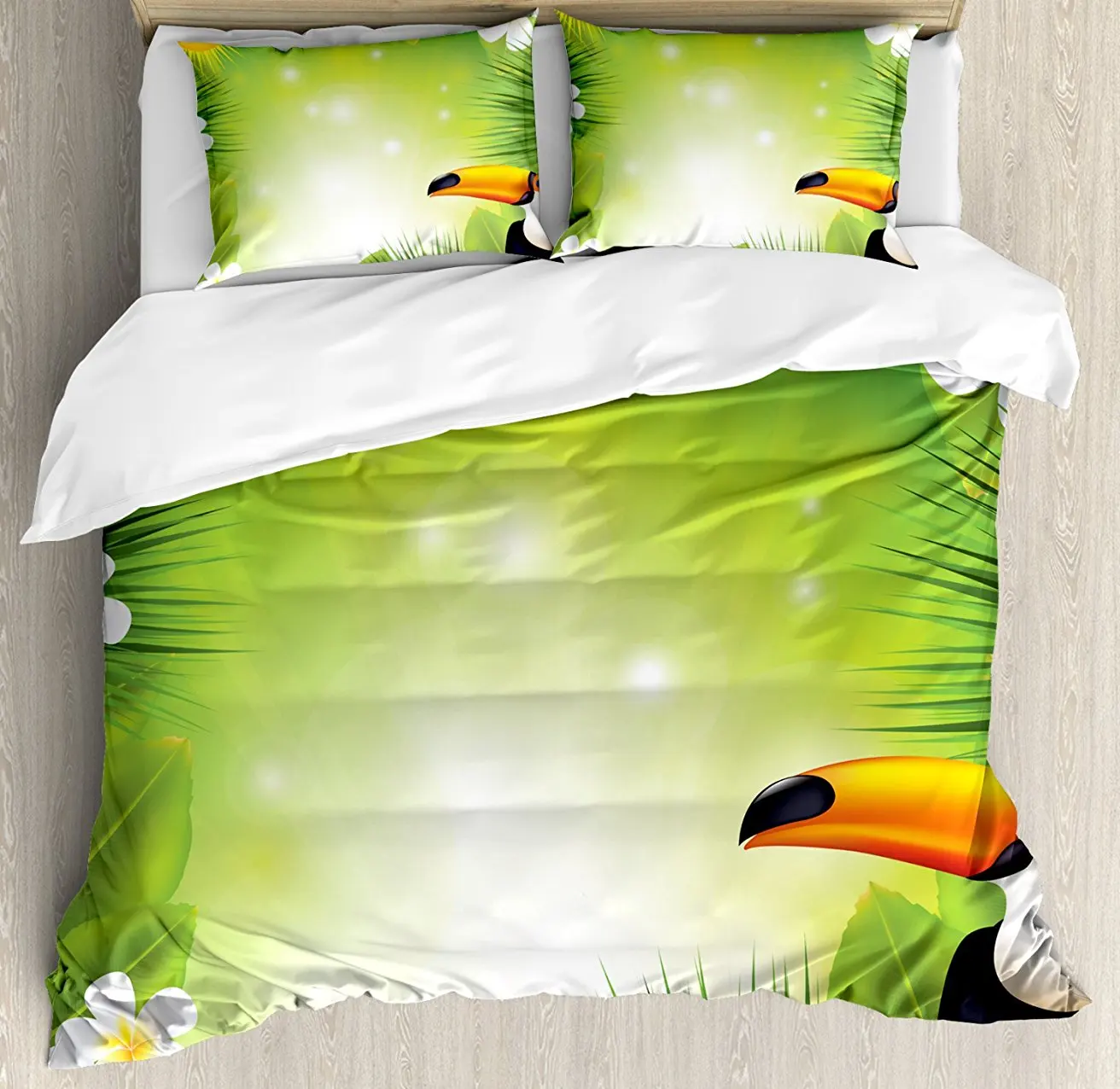 

Tropical Animals Duvet Cover Set Toucan Birds with Macro Exotic Plants with Fresh Colors Nature Design 4 Piece Bedding Set
