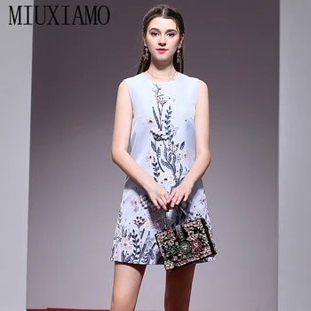 

MIUXIMAO High Quality 2019 Spring&Summer Luxurious Party Dress Flower Print Appliques Eleghant Casual Dress Women Vestido