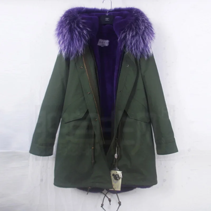 Women Real Fur Raccoon Fur Collar Hooded Army Green Jacket Lady Long Parka 2016 New Winter Coat Women’s Fur Hood Parkas New