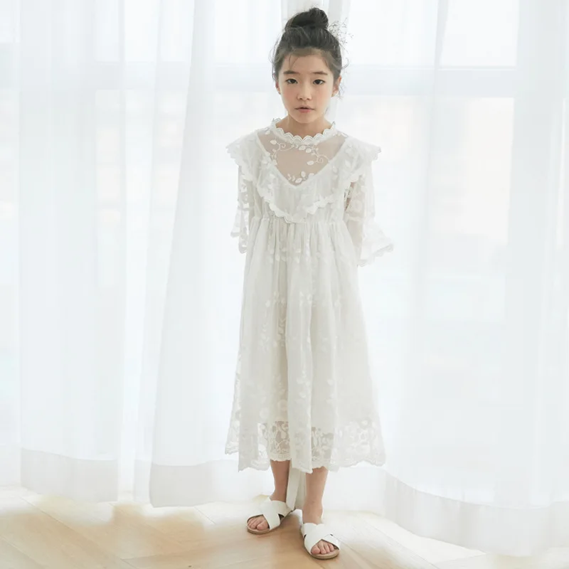 

Youth Girl Korean Fashion Style Lacy Dress Half Sleeve Flower White Dress Summer Autumn Clothing For 7 8 9 10 11 12 14 Years Old