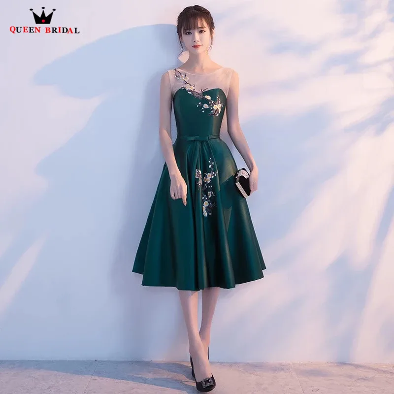 

A-line Green Satin Flowers Short Simple Evening Dresses 2019 New Party Dress Evening Gown Robe De Soiree WR05N