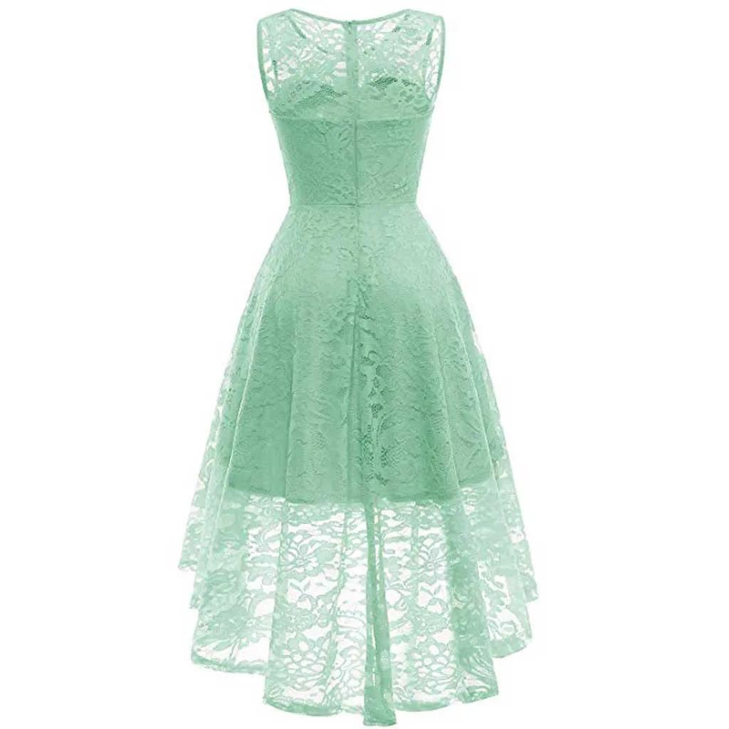 

FREE OSTRICH Dress Women Green Lace Round Neck Sleeveless Pure Color Swing Slim Evening Noble Valuable Novel Women Dress Summer