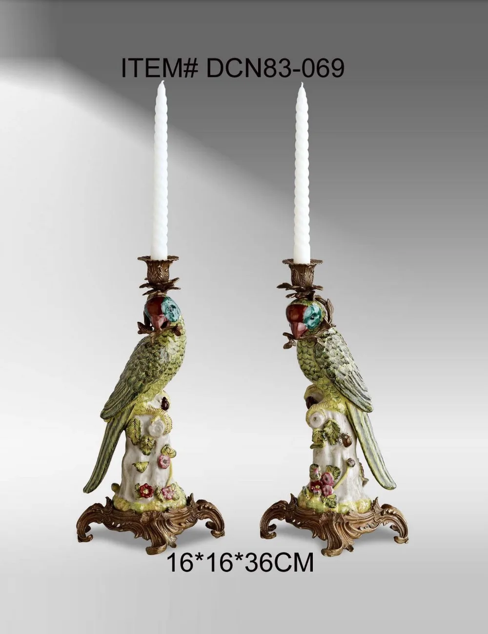European Style Brass And Ceramic Parrot Decorative Candlesticks Antique