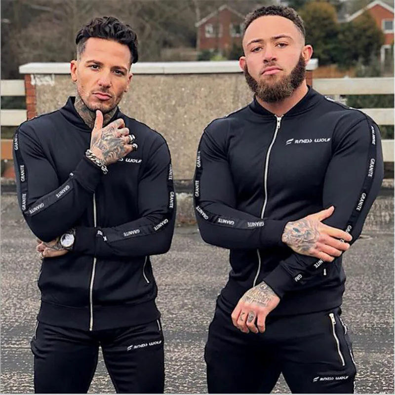 

2019 spring and autumn sports suit men's long casual suit zipper coat outdoor fitness slim body running training fitness