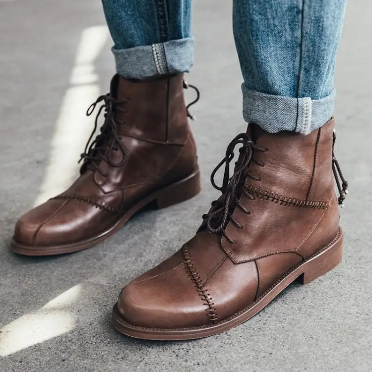 

Runway Brown Black Wine Red Ankle Boots For Women Round Toe Cross Tied Back Zipper Botas Mujer Chunky Heels Womens Shoes Design