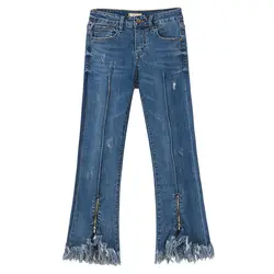 Осень весна женщина поцарапанный разорван нерегулярный кисточкой лодыжки длина джинсовые брюки, женские Стрейч Клеш обтягивающие джинсы