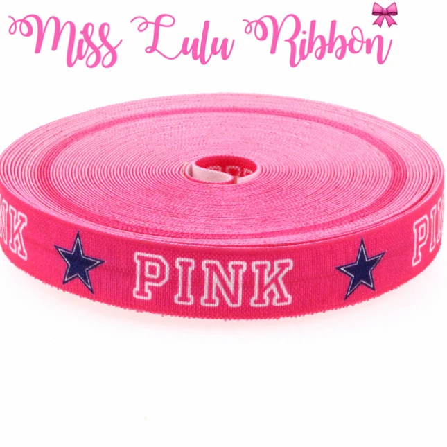 10 Yards 5/8" Pink Star Printed Fold Over Elastic Ribbon Sports Printed