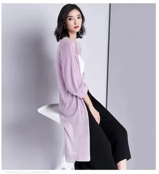 

Open-top thin jacket retro spring and summer chic wind languid wind in the long sunscreen thin knitted sweater cardigan