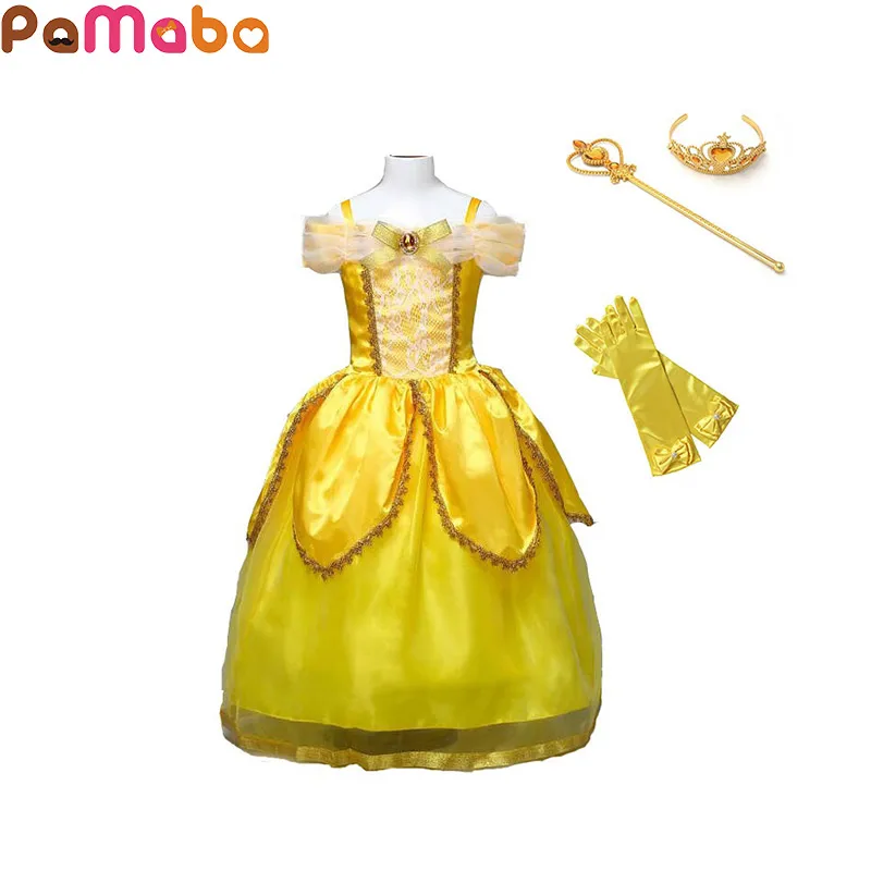 

PaMaBa Cartoon Beauty and Beast Princess Belle Cosplay Costume Little Girl's Princess Dress Ruched Mesh Children 's Ball Gown