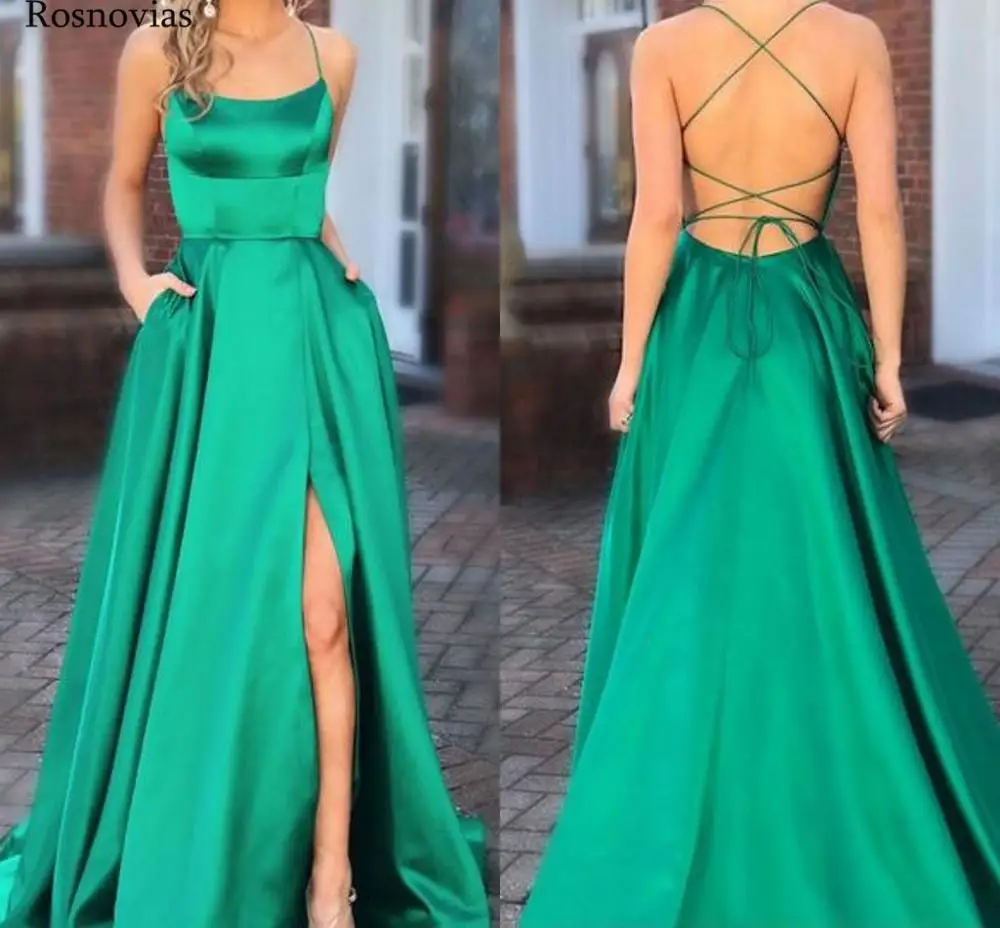 

Green Split Prom Dresses 2019 Spaghetti Strap Backless Sweep Train Modern Simple Evening Party Dresses Formal Gowns Customized