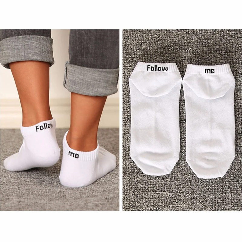 1Pair Women Men White Casual Cotton Socks Letter Printed Ankle Socks