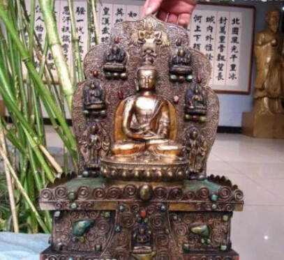 

006938 13"Tibet Buddhism Bronze Copper inlay Silver turquoise Sakyamuni Buddha Statue