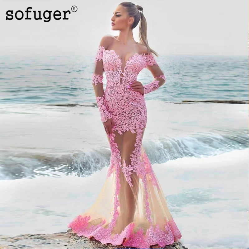 Pink Lace Sexy Mermaid Back Illusion Appliques Evening Floor Length Vestidos De Festa Prom Dresses Party Dress|Вечерние платья| |