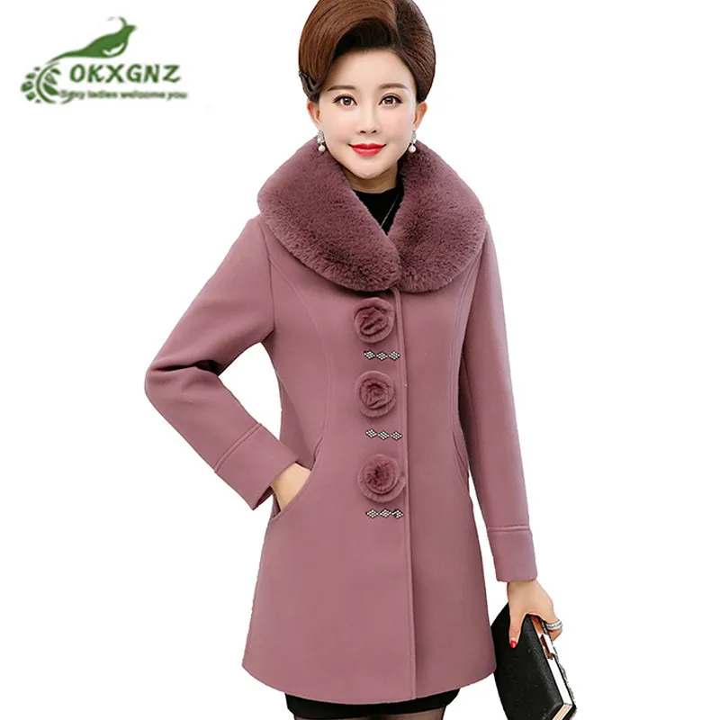 Boutique Womens winter new wool coat high-end fashion thickening warm jacket middle-aged large size Fur collar trench coatOKXGNZ