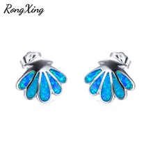 RongXing милые океанские серьги-гвоздики с голубым/белым огненным опалом и гребешком 925 пробы, заполненные серебром радужные серьги с камнем по месяцу рождения Ear0832