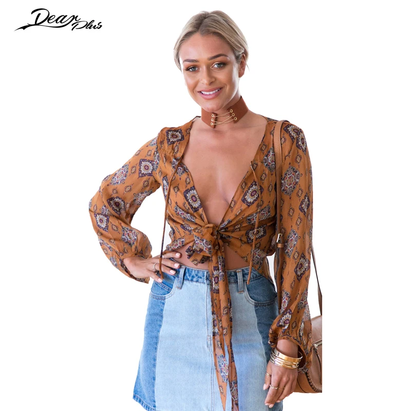 

Sexy Deep V Neck Summer Casual Beach Chiffon Shirt Blouse Women 2017 Bow Knot Print Long Sleeve Short Shirts Blasus Crop Top