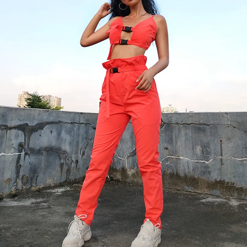 

2019 new arrival sexy crop top strap button fly women two pieces sets solid female casual pants button pockets tanksuits