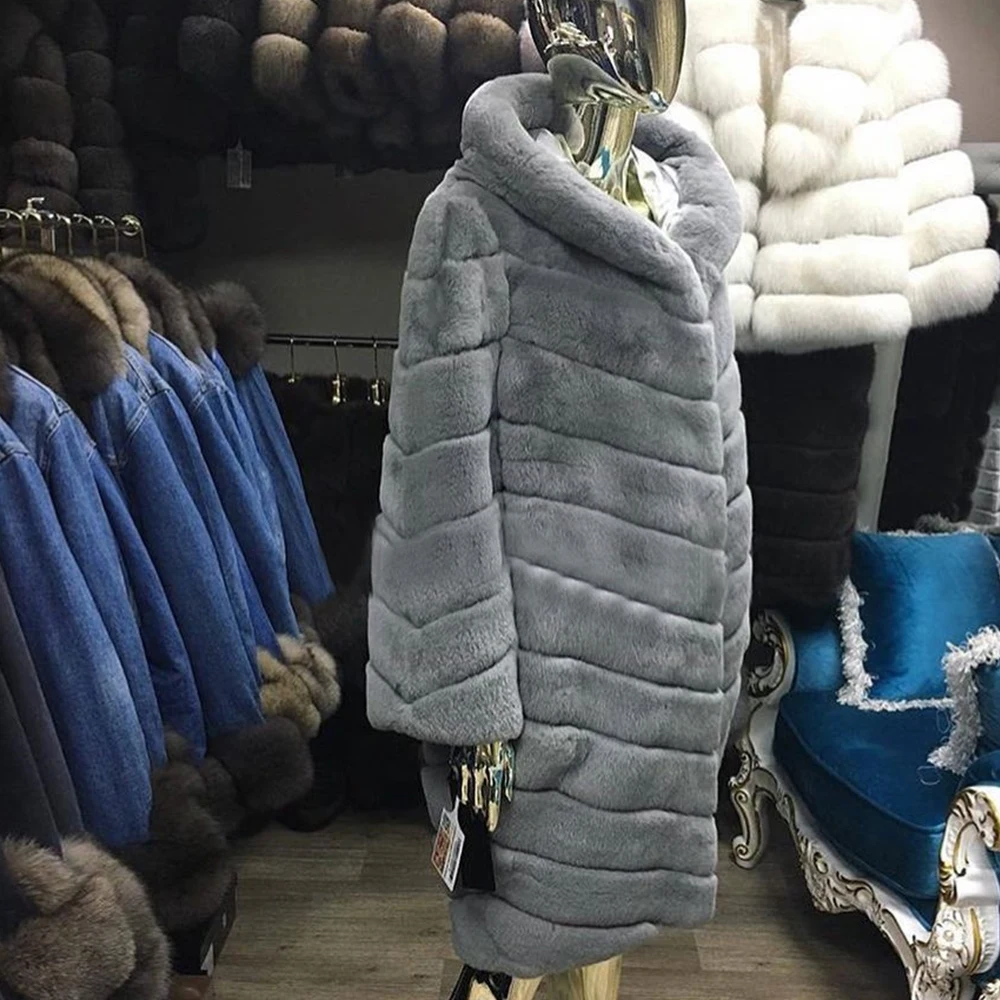 Wholesale Promotion Rex Rabbit Fur Coat For Women Winter Outerwear Jackets Real Fur Rabbit Coats With Warm Hooded All-match Tops